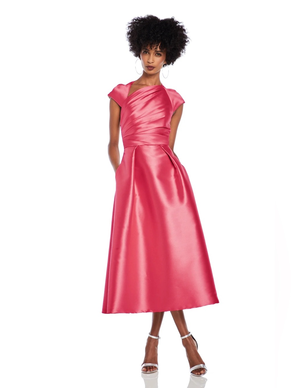 Theia Coral Pink Satin Midi Dress with Draped Bodice